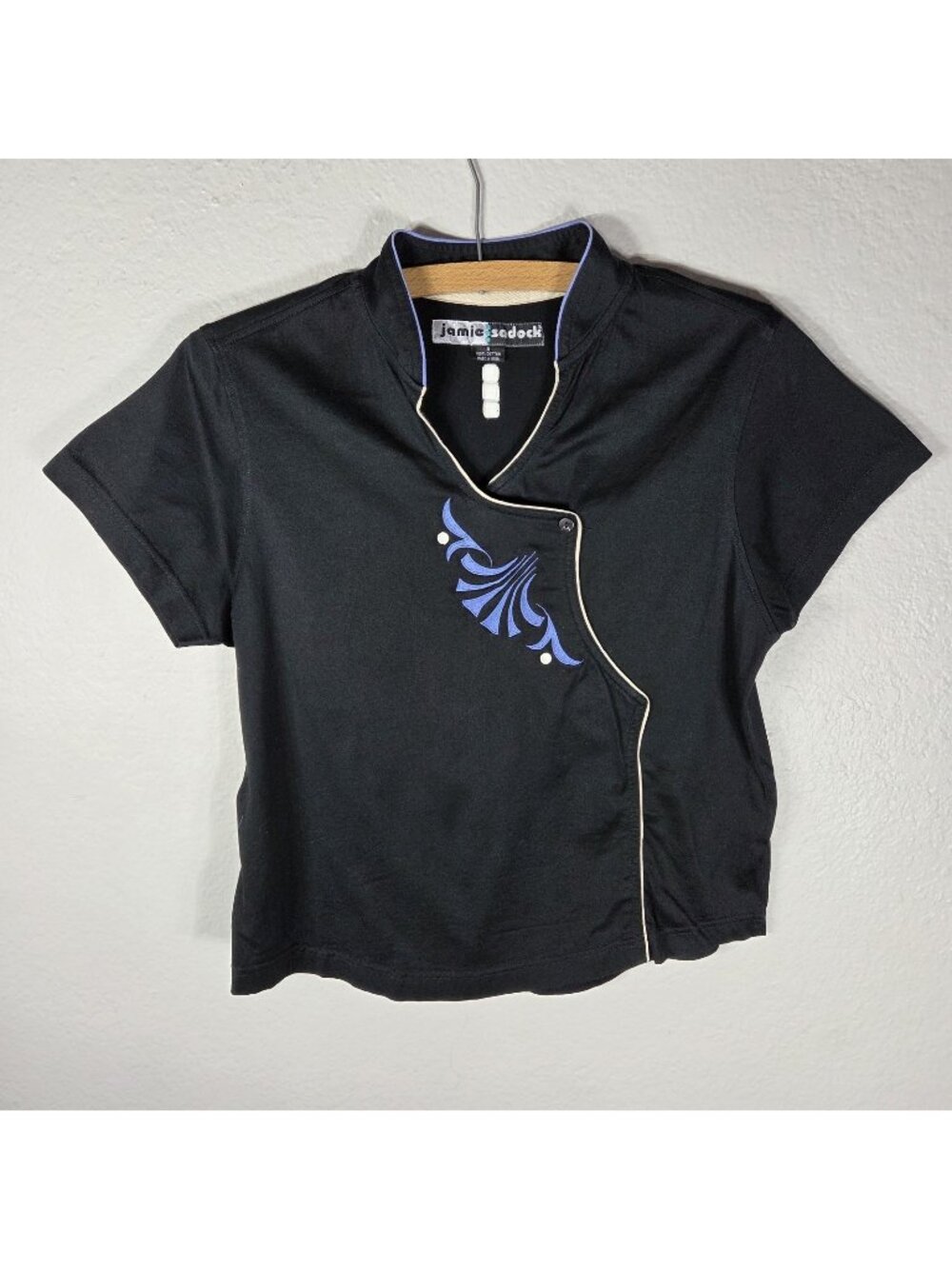 Jamie Sadock Mandarin Collar Button Front Top Size S Black Short Sleeve